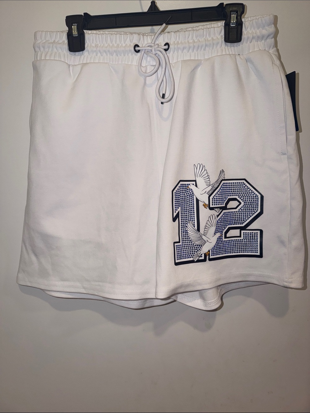 🕊️💠🕊️ Cooper Rivet White Shorts with Rhinestones '12' Dove Graphic